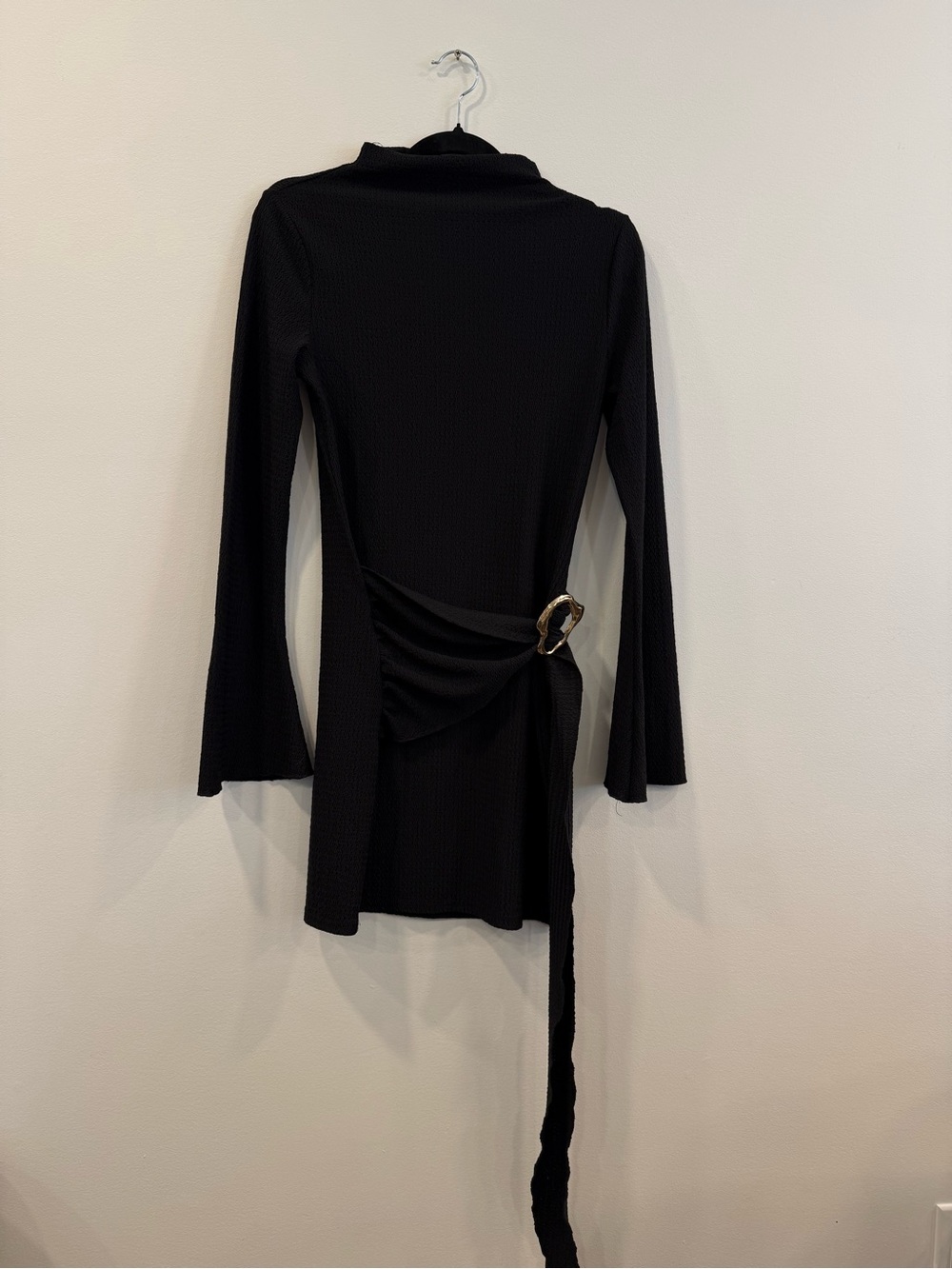 Long-Sleeve Black Wrap Dress with Decorative Buckle